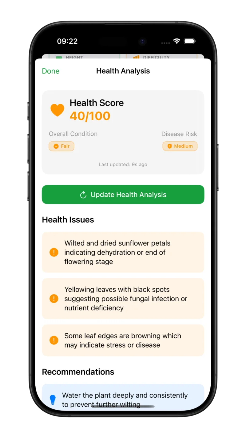 Greenie app: Health Analysis — Check on the health of your plant whenever you want